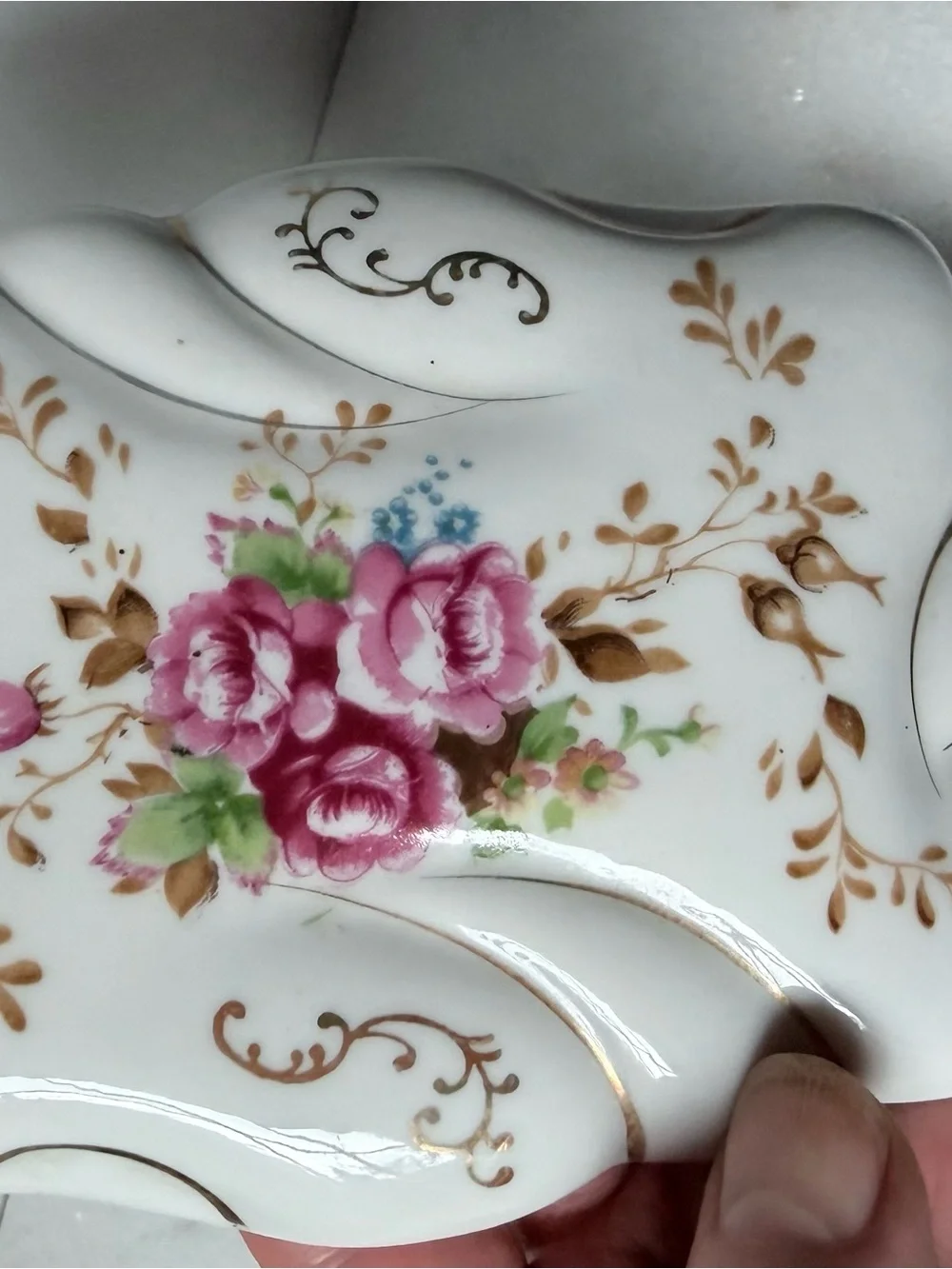 Porcelain Floral Trinket Box with Pink Rose Motif Japan vintage